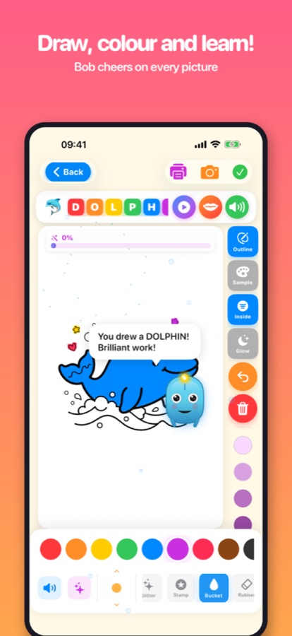 Draw & Learn on iPhone: a child colouring a picture while Bob the robot cheers